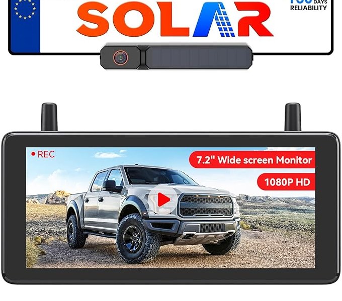 AUTO-VOX 7.2" Solar Wireless Reversing Camera Kit with DVR Loop Recording | HD 1080P, Quick 2-Min Install, Split Screen Reverse Camera Kits for Car, Van, SUV, Truck & Motorhome